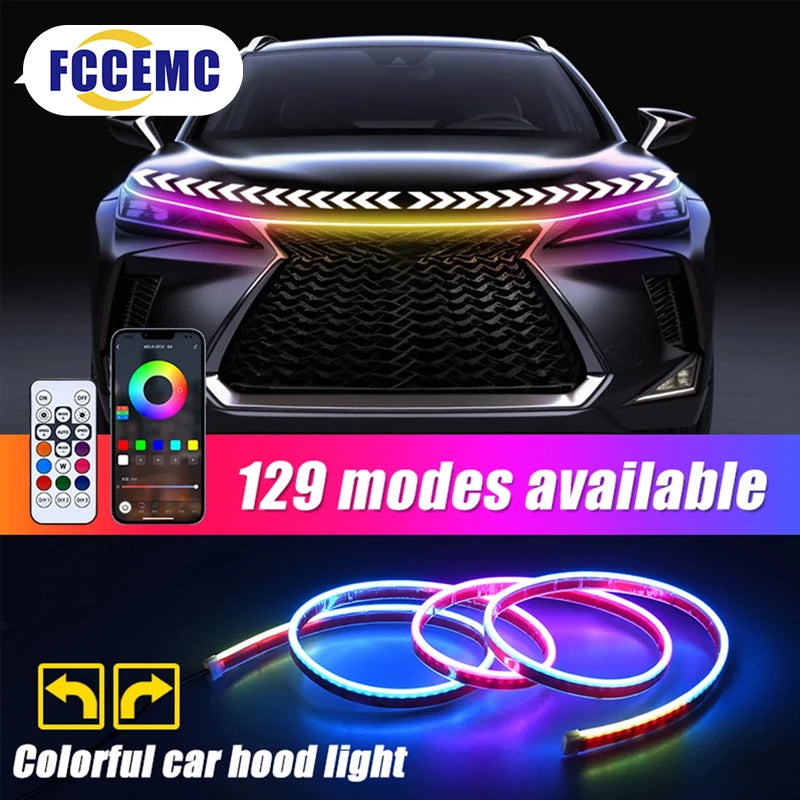 12V LED Car Hood Light RGB With Turn Signal DRL Multifunctional APP Control Neon Strip Daytime Running Light Car Decoration Lamp